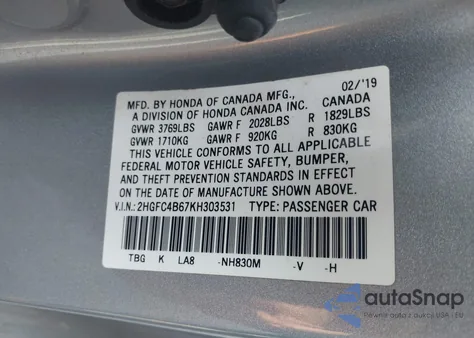 2019 Honda Civic Lx из США, поврежденный, VIN 2HGFC4B67KH303531